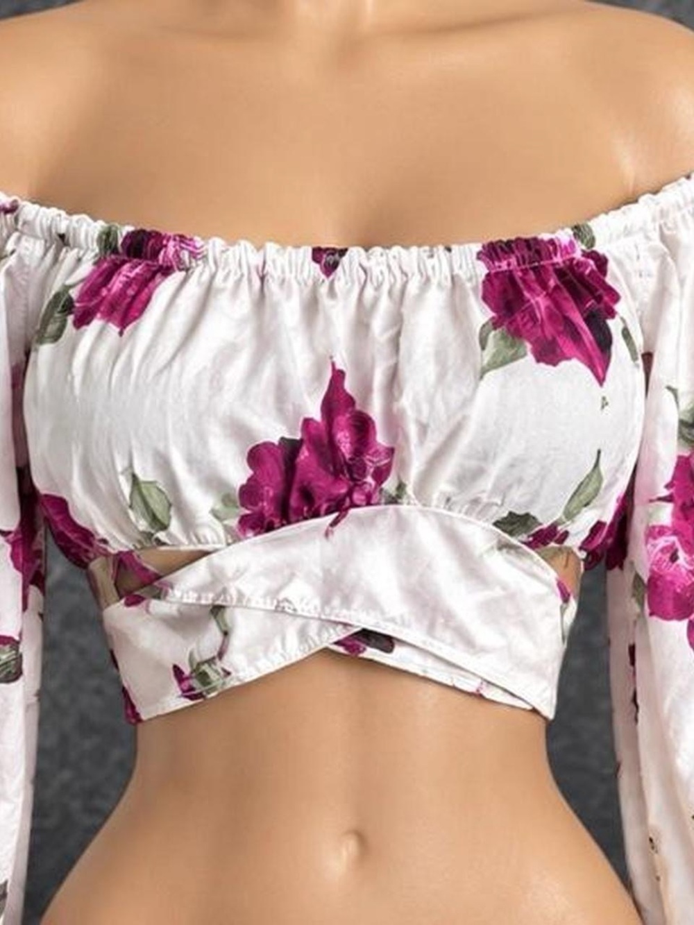 Medium Off-Shoulder White Floral Crop Top with Pink Blossoms and Tie Back Detail